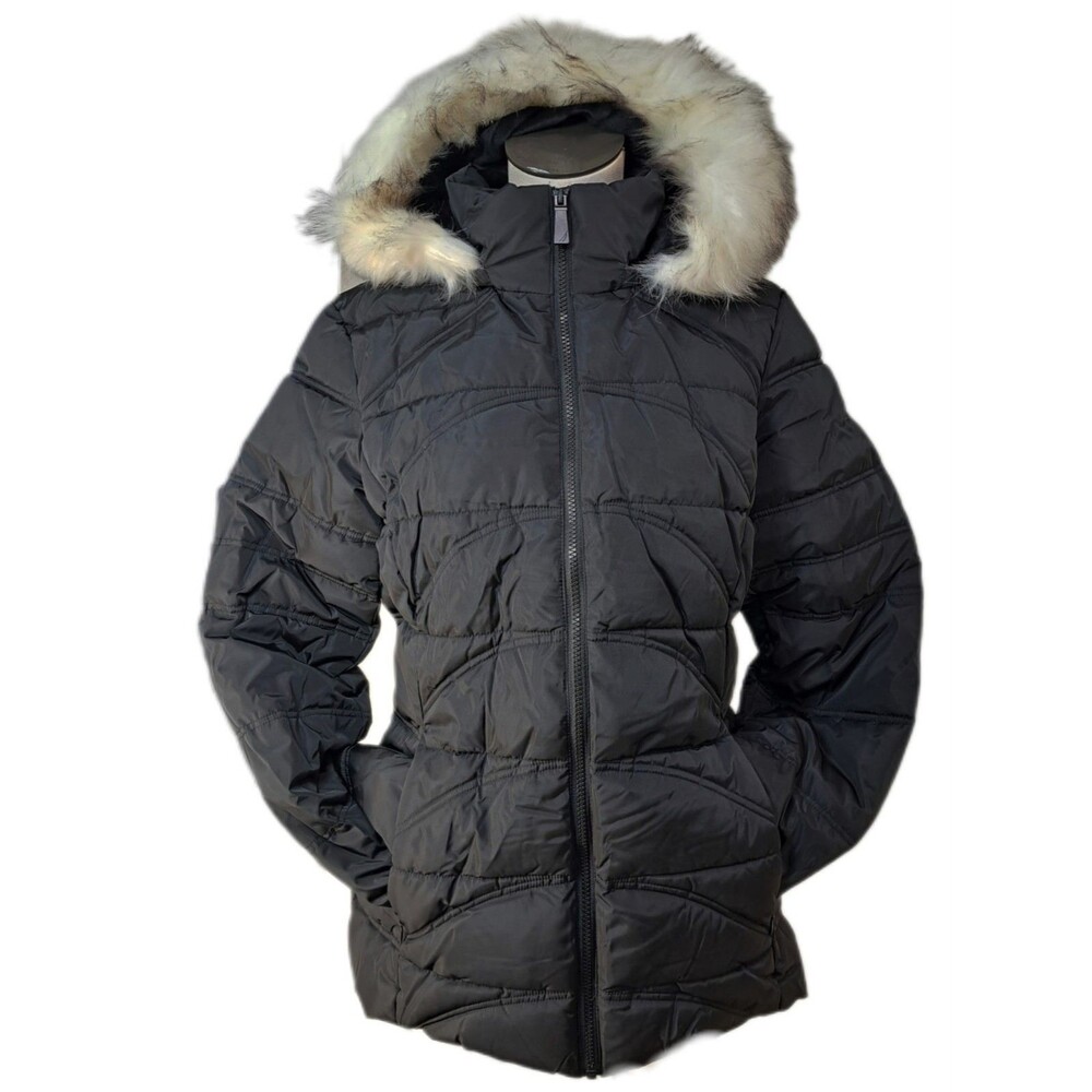 Nautica Women's M Quilted Hooded Puffer Jacket Faux Fur Detachable Hood Black